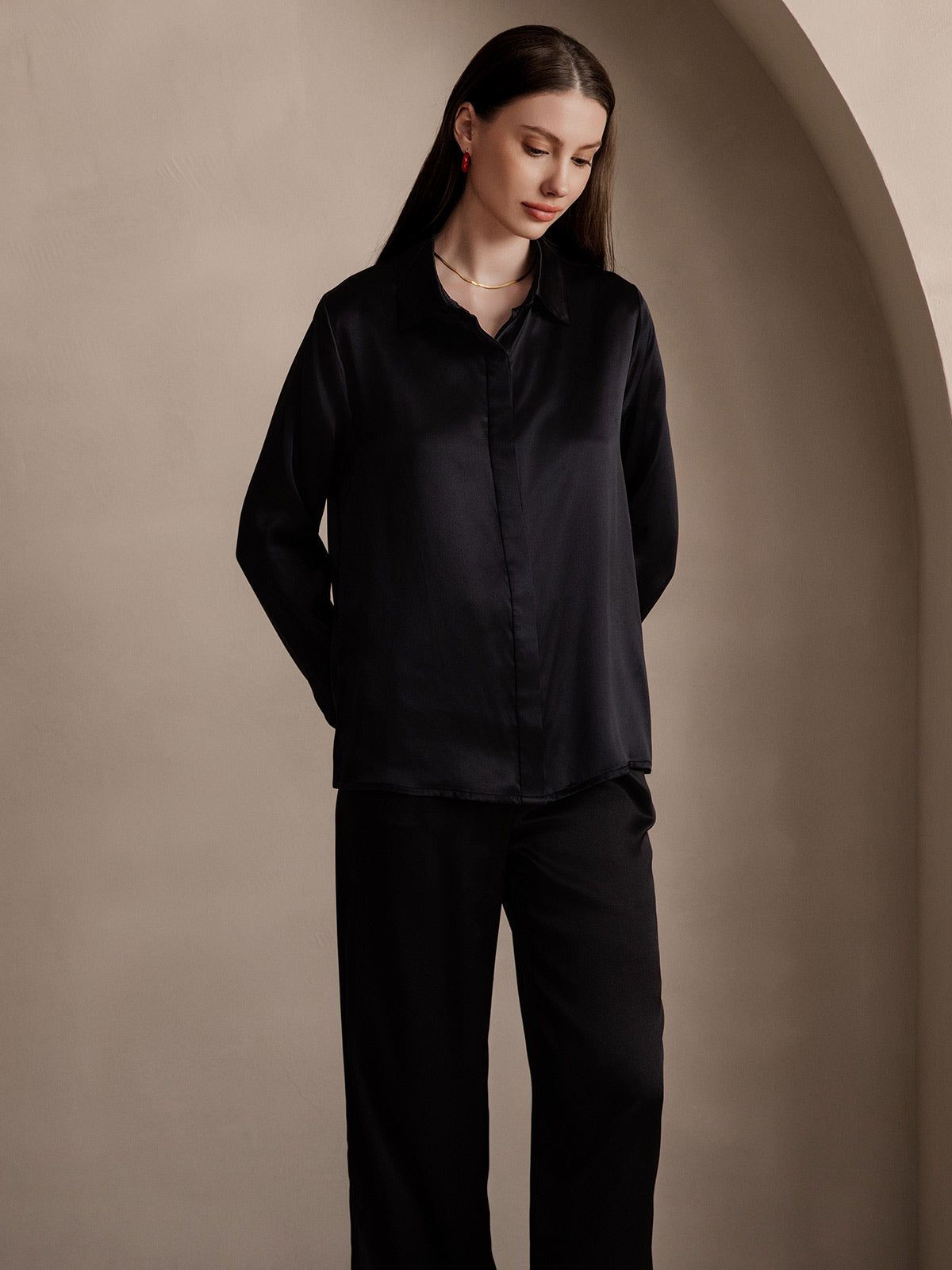 [Black] SilkSilky-UK 19Momme Silk Collar Women's Shirt 005