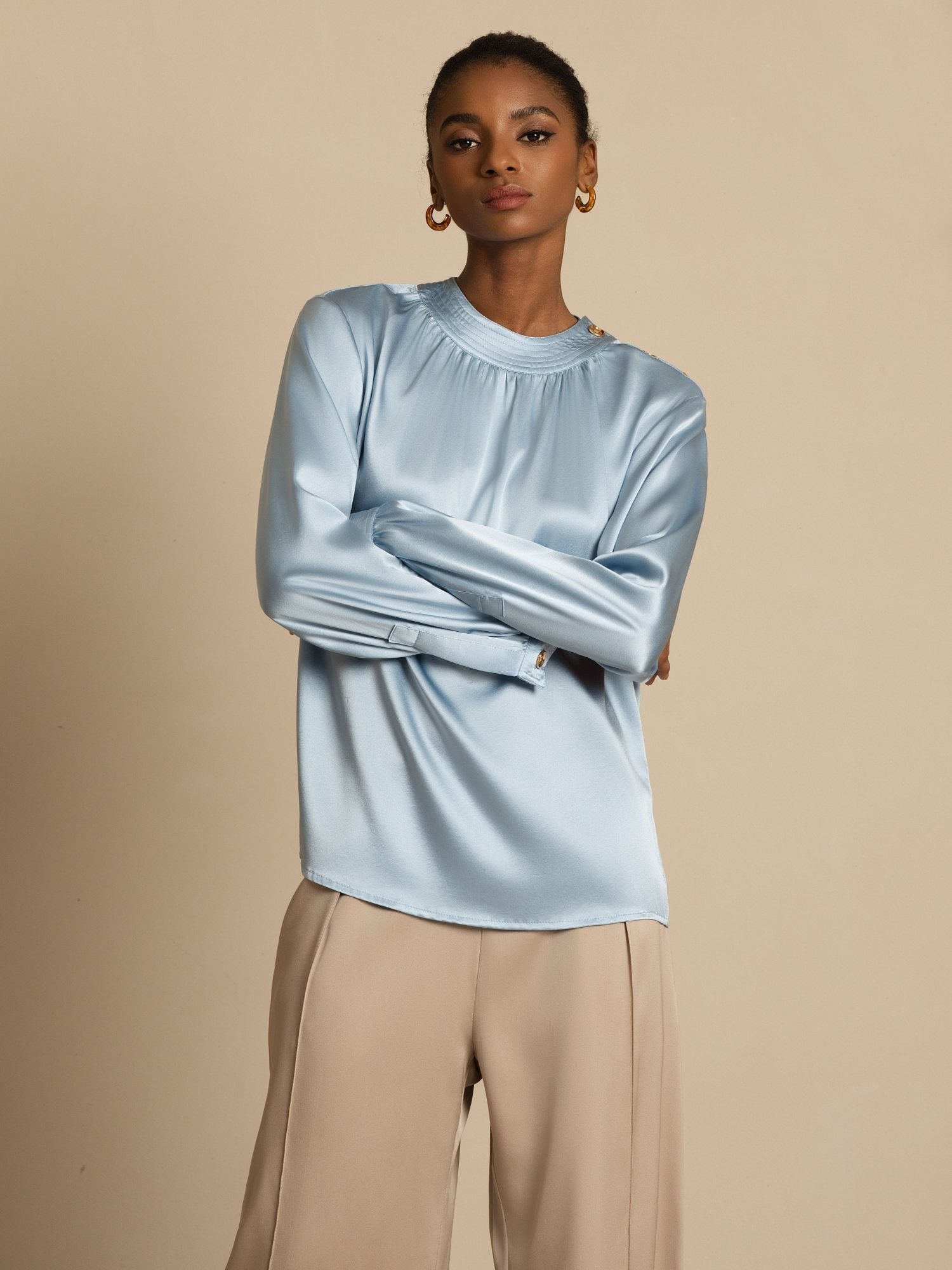 [GrayishBlue] SilkSilky-UK 19Momme Silk Long Sleeve Round Neck Blouse 004