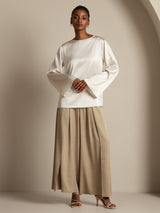 [White] SilkSilky-UK Long Sleeve Boat Neck Blouse 007