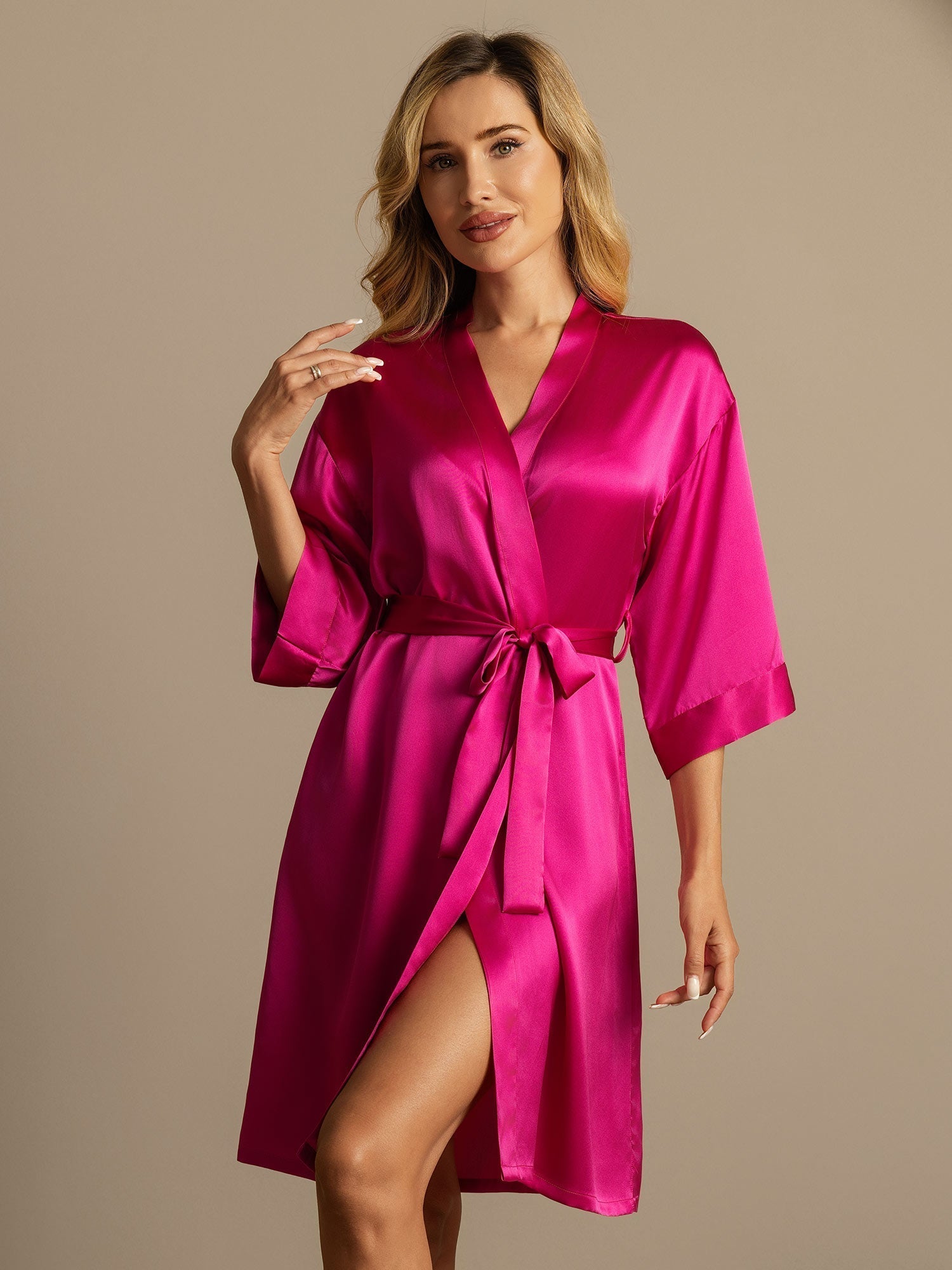 [Rose Red] SilkSilky-UK Pure Silk Womens Robe 005,
