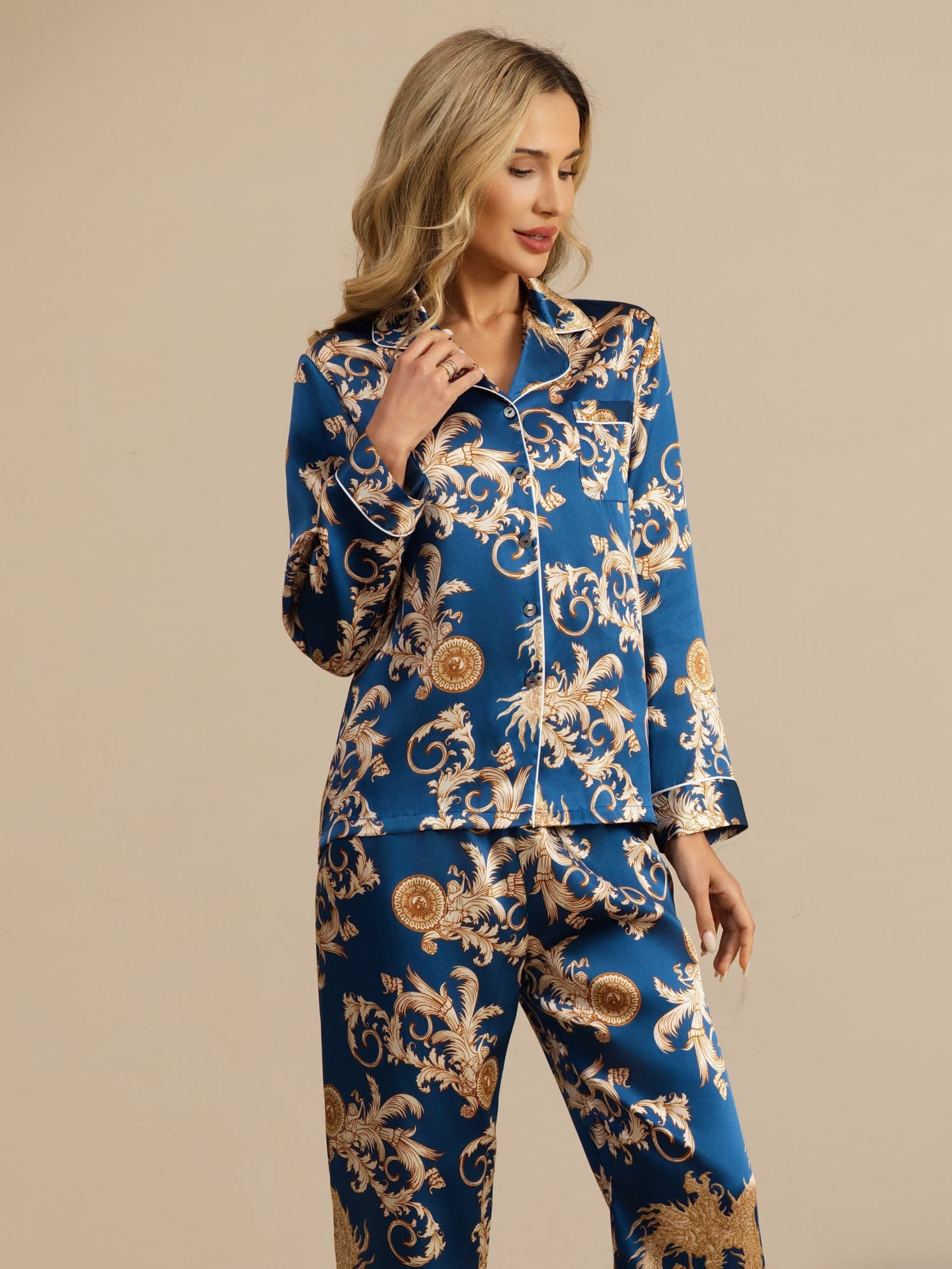 [Navy Dragon] SilkSilky-UK Long Sleeve Notch Collar Women's Pyjamas 005