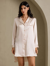 [Beige] SilkSilky-UK Long Sleeve Lapel Collar Nightshirt 001