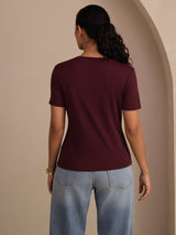 [Wine] SilkSilky-UK Short Sleeve V Neck Women's T-Shirt 002