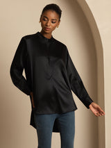 [Black] SilkSilky-UK 19Momme Stretch Silk Charmeuse Long Sleeve Stand Collar Blouse 005