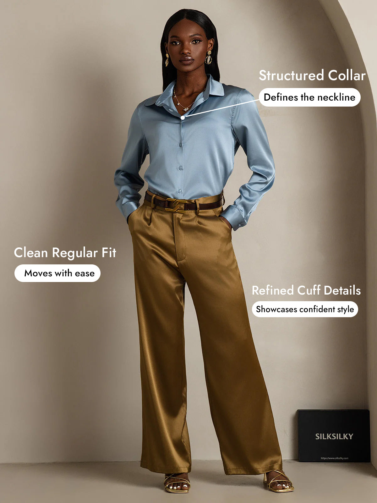 [Grayish Blue] SilkSilky-UK Silk Long Sleeve Collar Women's Shirt 005