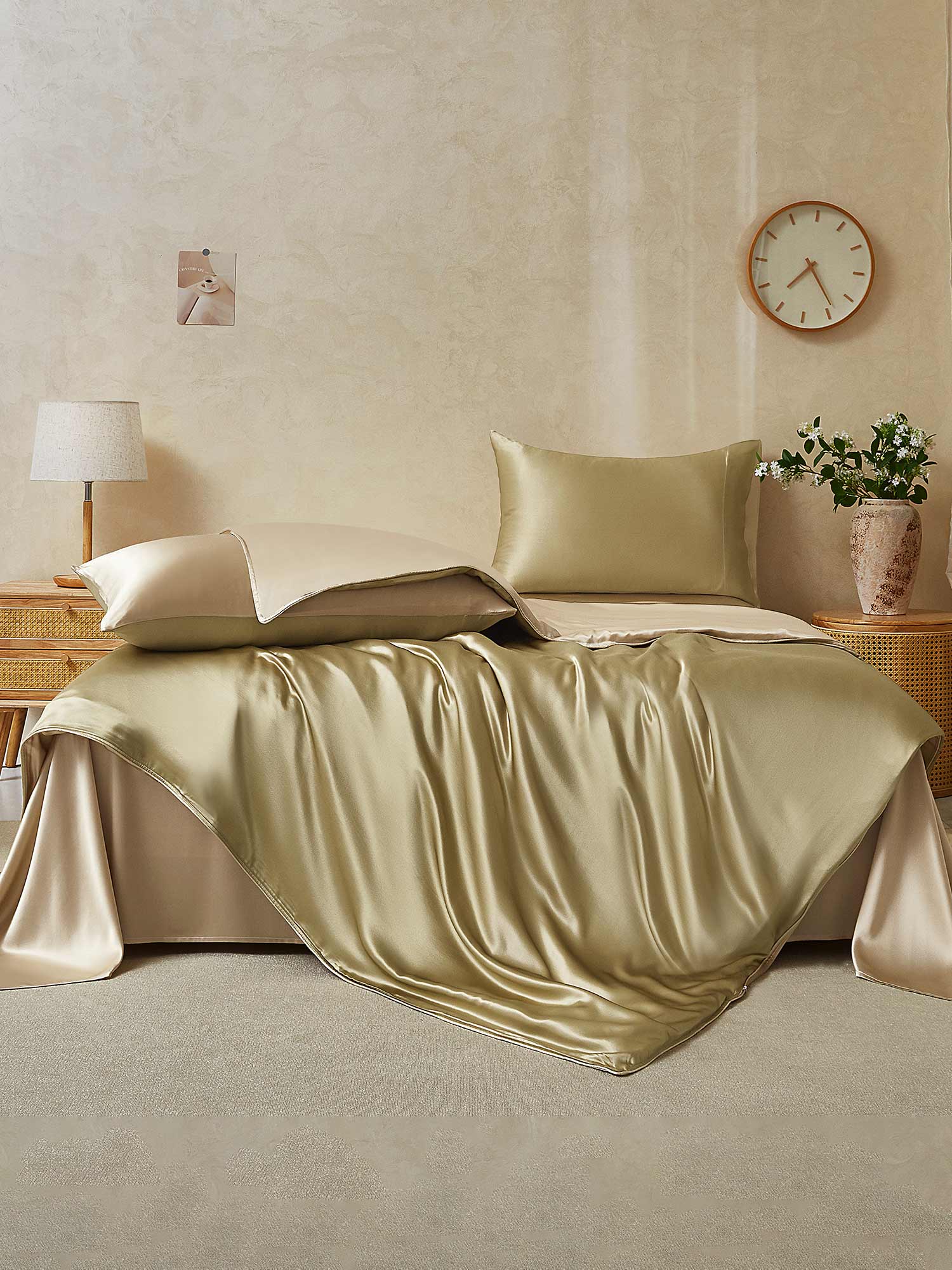 [Beige+Khaki] SilkSilky-UK 22Momme Pure Silk Bedding Set 002,