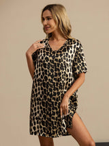 [Leopard] SilkSilky-UK Pure Silk Half Sleeve V Neck Nightdress 004