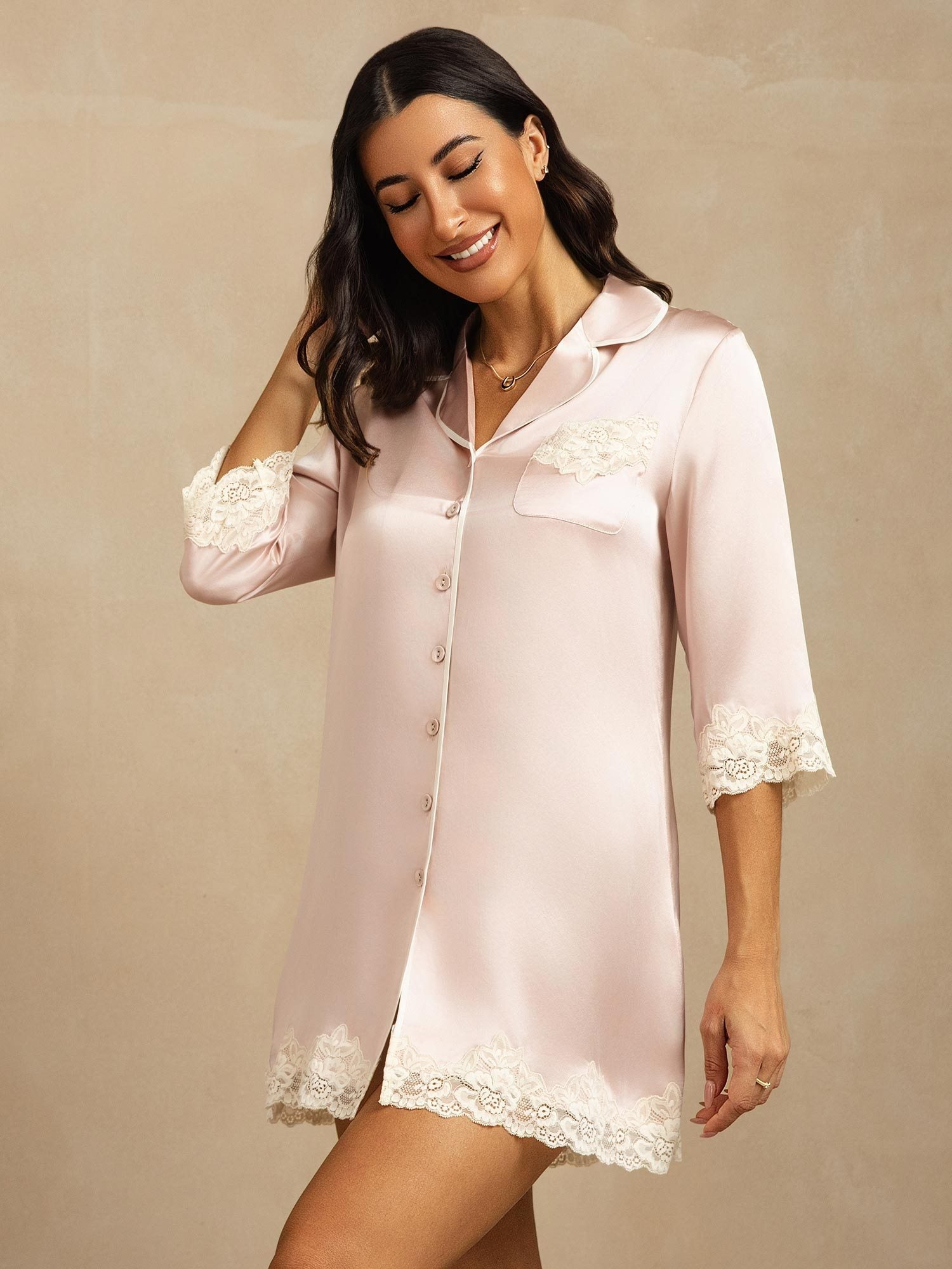 [Pink] SilkSilky-UK Pure Silk Collar Nightshirt 008