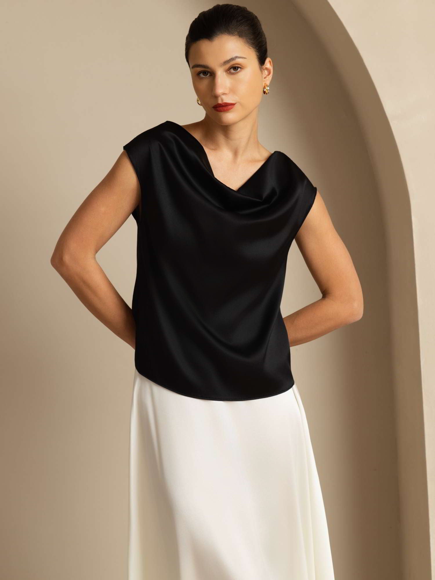 [Black] SilkSilky-UK 19Momme Silk Cap Sleeve Cowl Neck Women's T-Shirt 005