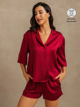 [Wine] SilkSilky-UK 19Momme Machine-Washable Silk Half Sleeve Notch Collar Women's Pyjamas 001