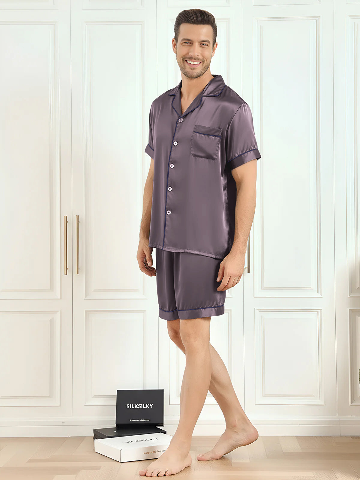 [Purple Gray] SilkSilky-UK Pure Silk Mens Pajamas 005,