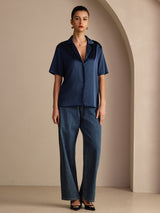 [Dark Blue] SilkSilky-UK Short Sleeve Notch Collar Women's Shirt 006
