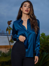 [Teal] SilkSilky-UK Long Sleeve Lapel Collar Women's Shirt 006