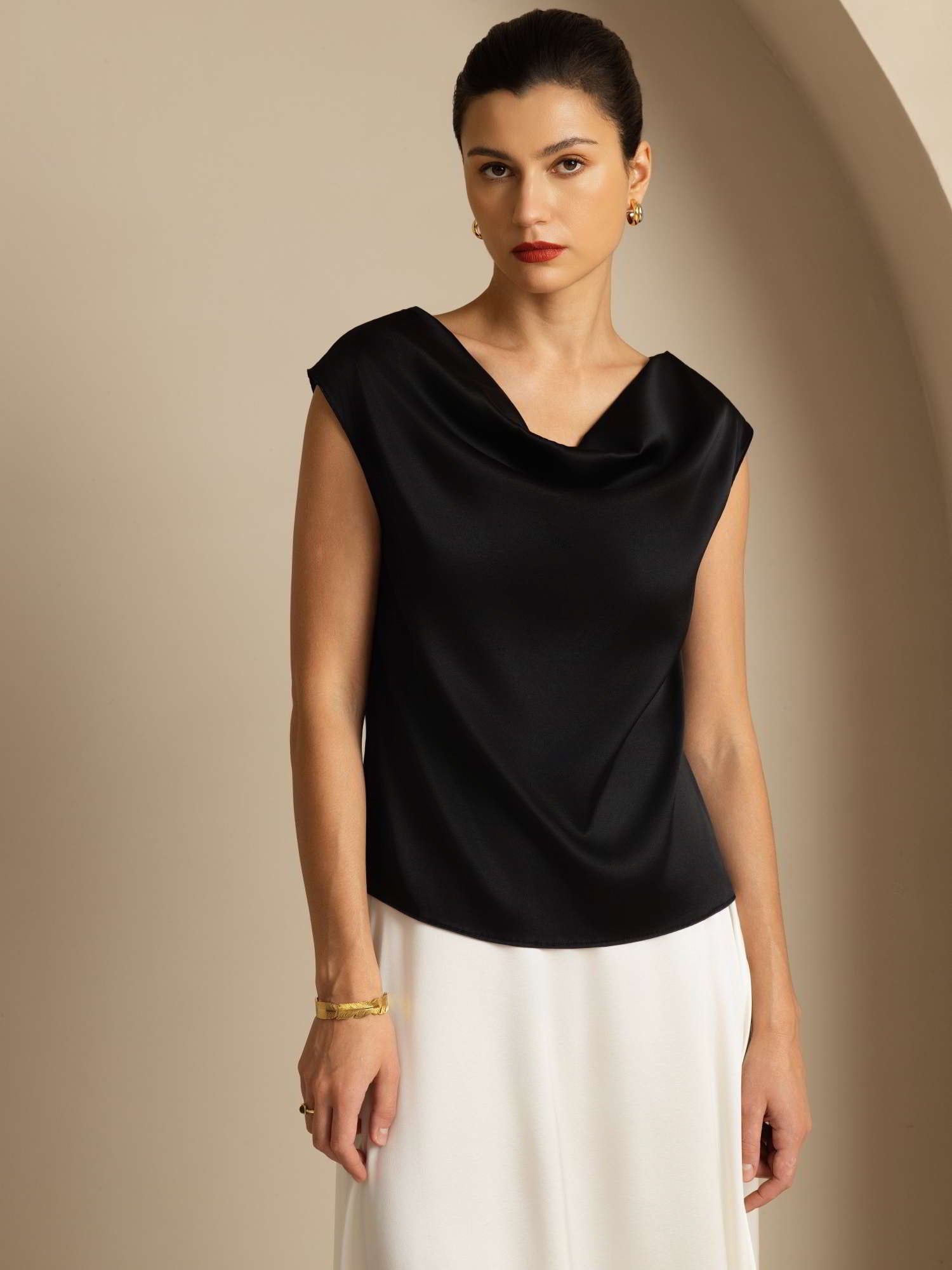 [Black] SilkSilky-UK 19Momme Silk Cap Sleeve Cowl Neck Women's T-Shirt 001