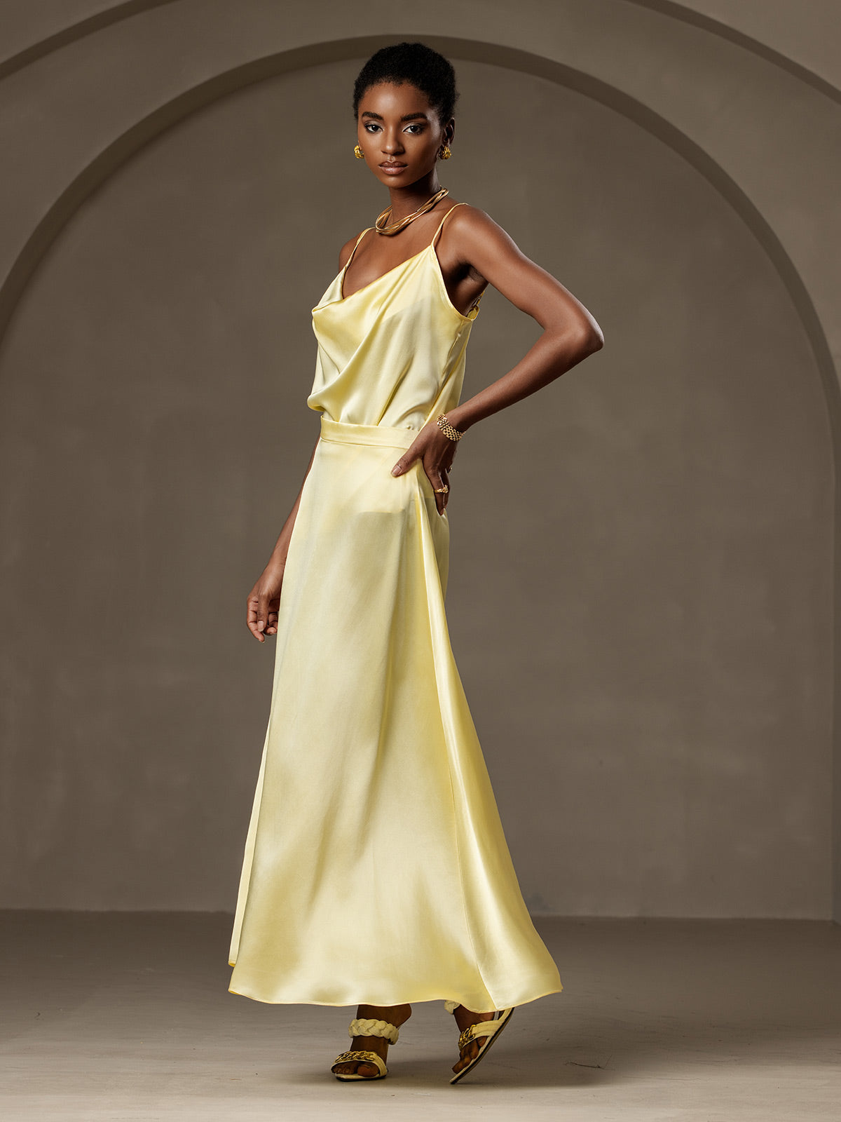 [Light Yellow] SilkSilky-UK 19Momme Stretch Silk Charmeuse Skirt 007