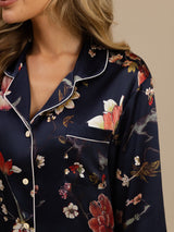 [Navy Floral] SilkSilky-UK Long Sleeve Lapel Collar Women's Pyjamas 006