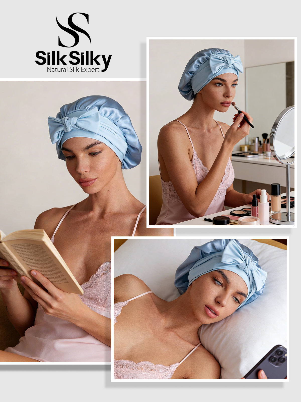 [Sky Blue] SilkSilky-UK Pure Silk Sleep Cap 005