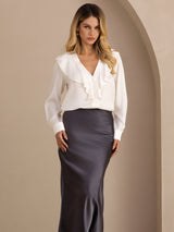 [White] SilkSilky-UK Long Sleeve Deep V Neck Women's Blouse 003