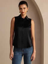 [Black] SilkSilky-UK Sleeveless Lapel Collar Women's Shirt 003
