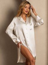 [Beige] SilkSilky-UK Long Sleeve Lapel Collar Nightshirt 005