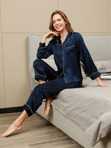 [Dark Blue] SilkSilky-UK Long Sleeve Lapel Collar Women's Pyjamas 003