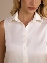 [White] SilkSilky-UK Sleeveless Lapel Collar Women's Shirt 004