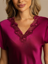 [Wine] SilkSilky-UK Short Sleeve V Neck Nightdress 004