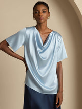 [Grayish Blue] SilkSilky-UK Short Sleeve Cowl Neck Women's Blouse 001