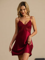 [Wine] SilkSilky-UK Spaghetti Strap Deep V Neck Nightdress 003