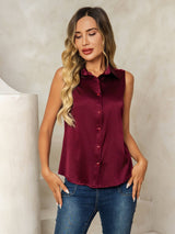 [Dark Red] SilkSilky-UK Sleeveless Lapel Collar Women's Shirt 006