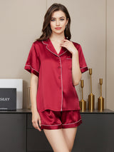 [Wine] SilkSilky-UK Short Sleeve Lapel Collar Women's Pyjamas 001