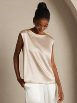 [Beige] SilkSilky-UK Cap Sleeve Round Neck Women's T-Shirt 006