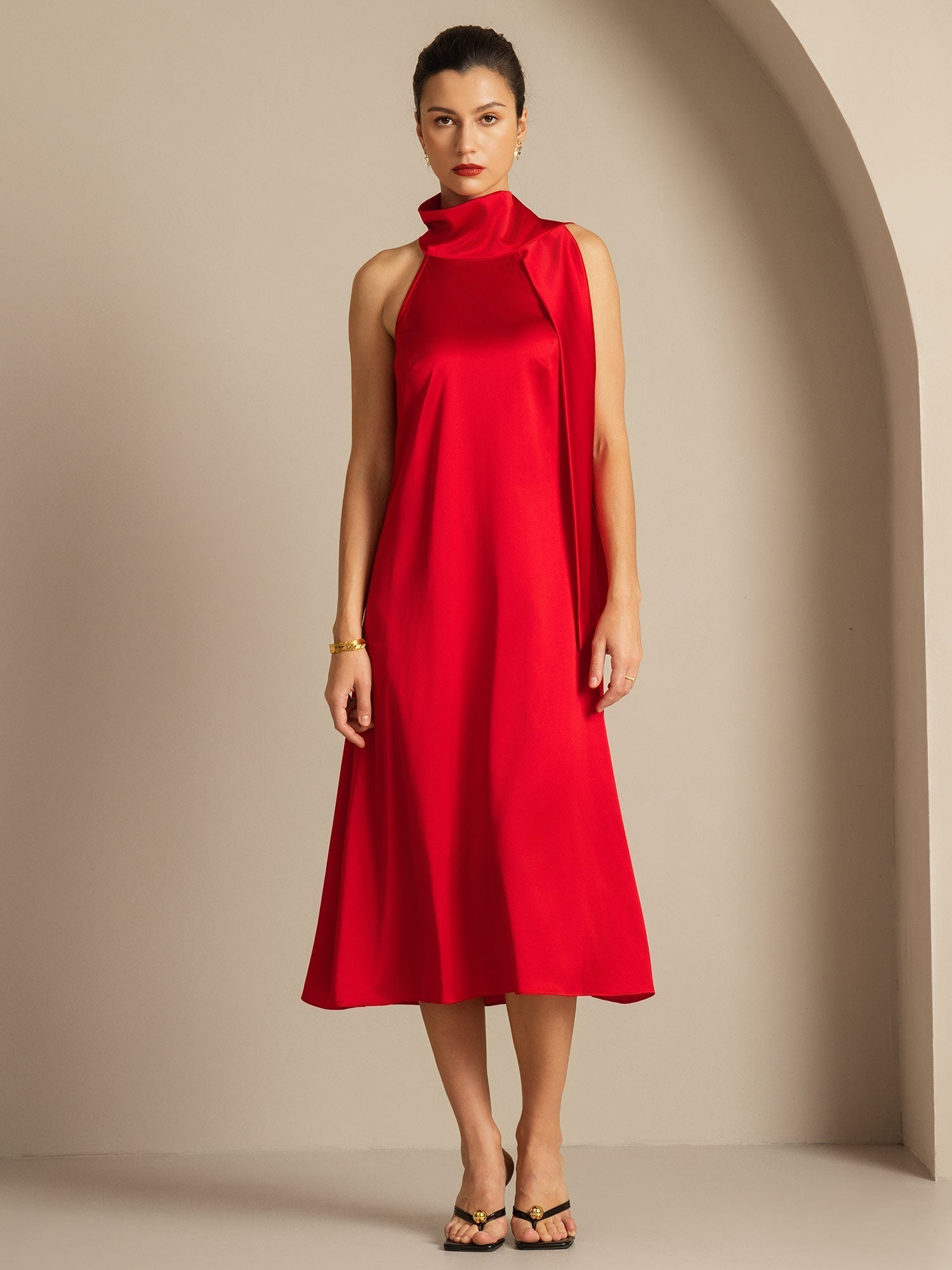 [Red] SilkSilky-UK 19Momme Silk Tie Neck Dress 003,