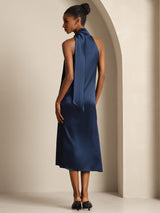 [Dark Blue] SilkSilky-UK Sleeveless Tie Neck Dress 002
