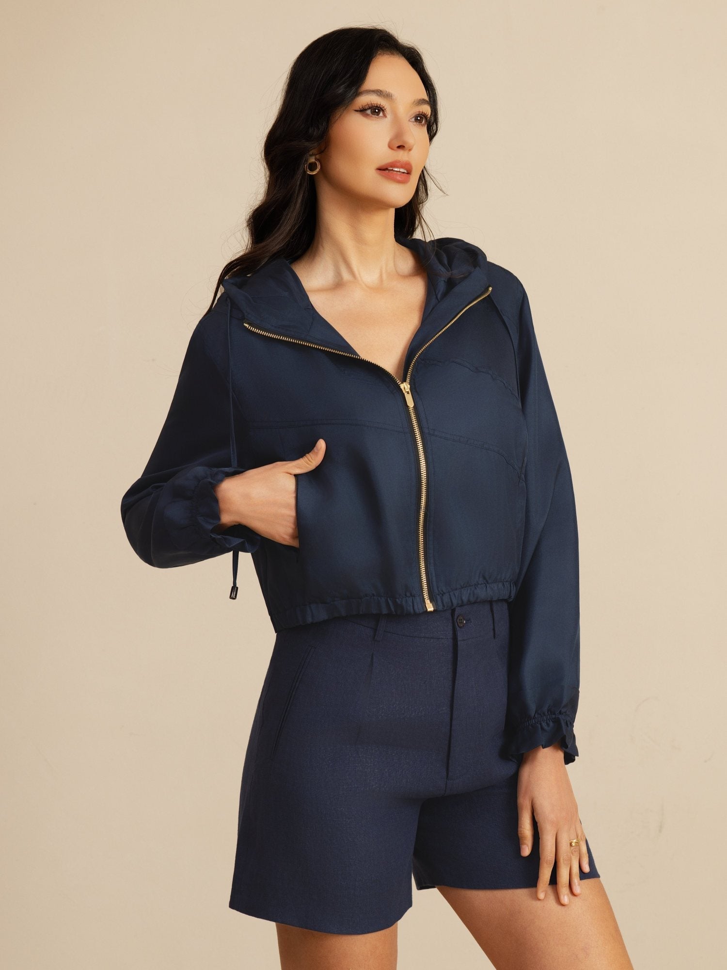 [DarkBlue] SilkSilky-UK 18Momme Silk Satin Surah Long Sleeve High Neck Women's Outerwear 003