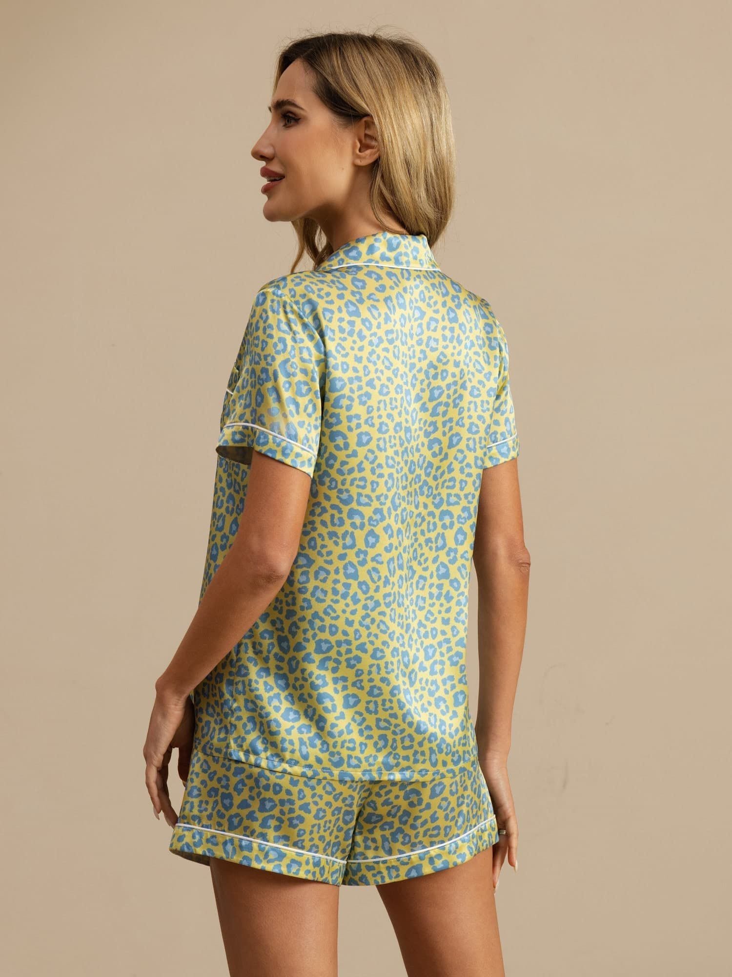 [Green Leopard] SilkSilky-UK 19Momme Short Sleeve Notch Collar Women's Pyjamas 002