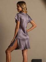 [Purple Gray] SilkSilky-UK Short Sleeve V Neck Nightdress 002