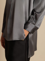 [Dark Gray] SilkSilky-UK 19Momme Stretch Silk Charmeuse Long Sleeve Stand Collar Blouse 008