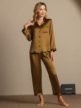 [Brown] SilkSilky-UK Long Sleeve Lapel Collar Women's Pyjamas 005