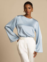 [Grayish Blue] SilkSilky-UK Long Sleeve Boat Neck Blouse 003