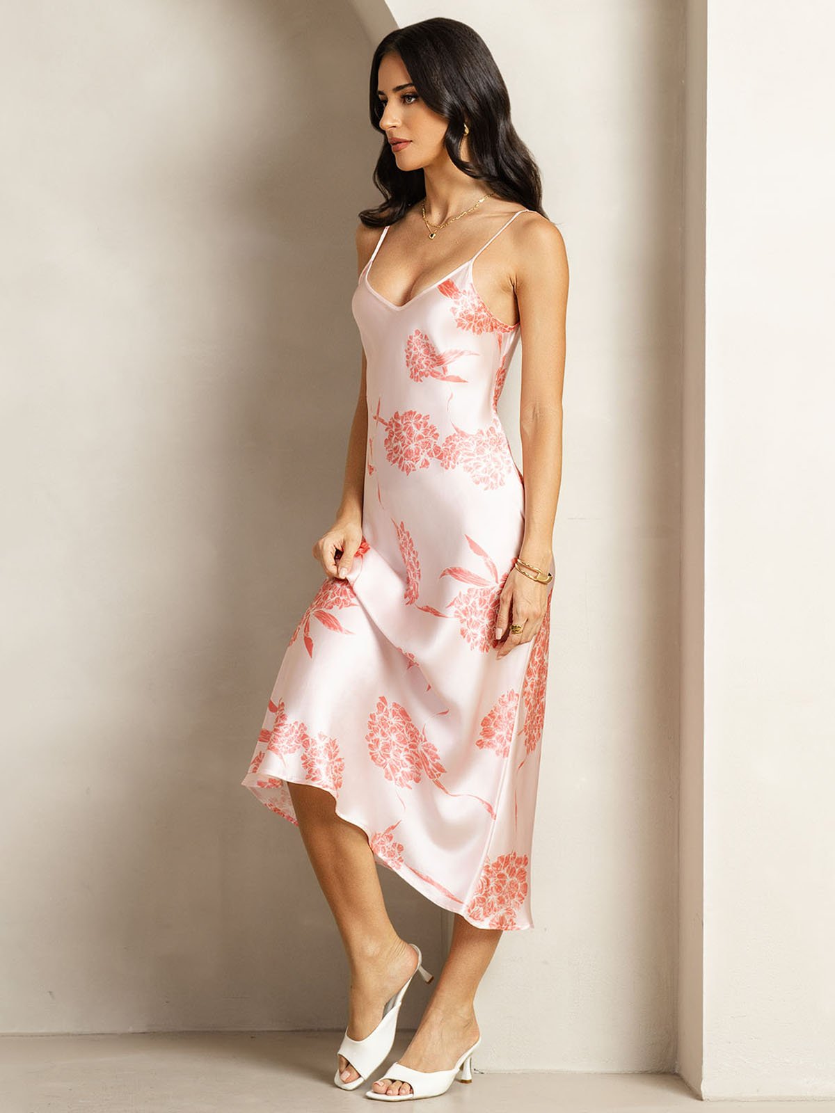 [Coral Floral] SilkSilky-UK 19Momme Silk V Neck Dress 004