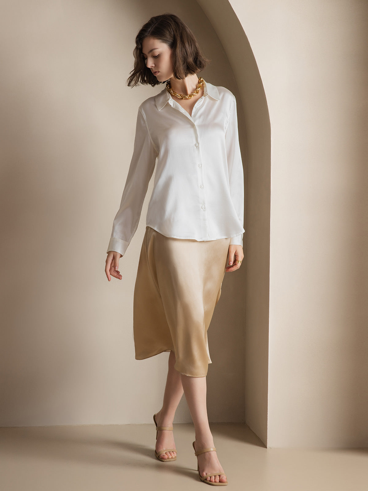 [White] SilkSilky-UK Silk Long Sleeve Collar Women's Shirt 009