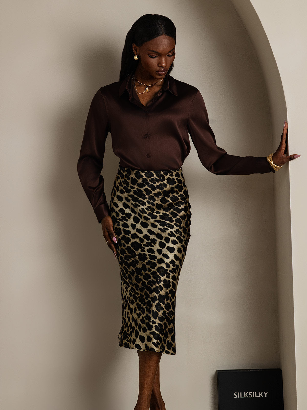 [Bitter Chocolate] SilkSilky-UK Silk Long Sleeve Collar Women's Shirt 008