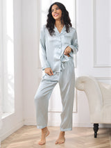 [Light Blue] SilkSilky-UK Long Sleeve Lapel Collar Women's Pyjamas 004