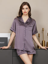 [Purple Gray] SilkSilky-UK Short Sleeve Lapel Collar Women's Pyjamas 003