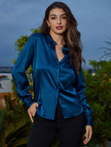 [Teal] SilkSilky-UK Long Sleeve Lapel Collar Women's Shirt 001