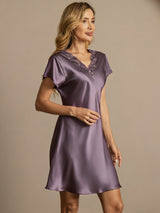 [Purple Gray] SilkSilky-UK Short Sleeve V Neck Nightdress 001