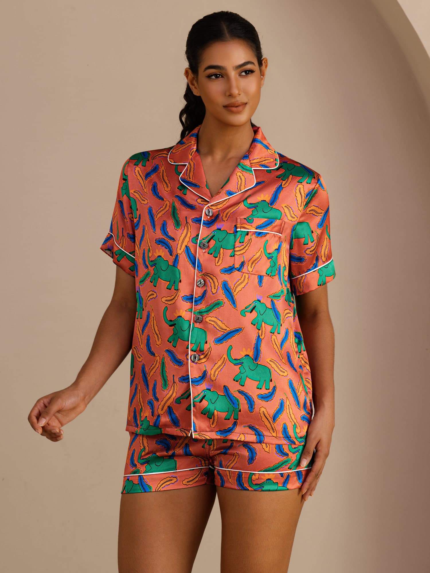 [Clay Elephant] SilkSilky-UK Short Sleeve Lapel Collar Women's Pyjamas 001