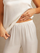 [White] SilkSilky-UK 19Momme Machine-Washable Silk Spaghetti Strap Scoop Neck Camisole Set 005