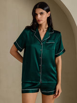 [Dark Green] SilkSilky-UK Short Sleeve Lapel Collar Women's Pyjamas 006
